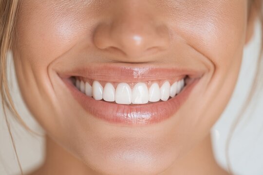 Smile with white dental veneers on a woman with moist lips and natural skin for cosmetic dentistry and oral care advertising