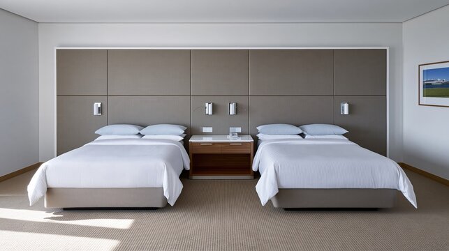 Hotel room with twin beds and a soft olive upholstered headboard wall, featuring woven bedding for hospitality design and travel booking