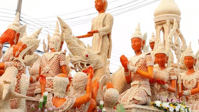 Beautifully carved wax float procession in Ubon Ratchathani Candle Festival, Thailand.