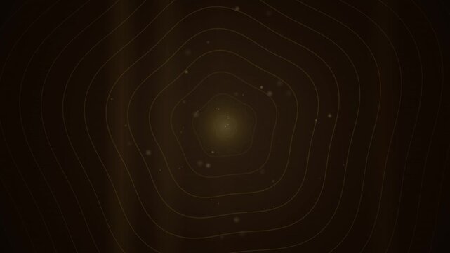 Abstract golden pentagon shape with glowing particles and concentric lines, dark background