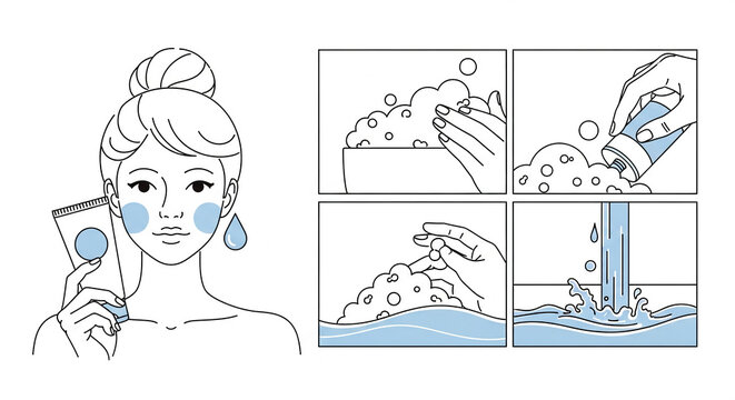 Illustration of skincare routine steps: applying product, foaming, and rinsing face with water, symbolizing personal care and hygiene.