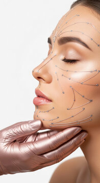Close-up of a woman's face with decorative silver threads and beads, symbolizing beauty enhancement and rejuvenation procedures, showcasing modern cosmetic treatments.