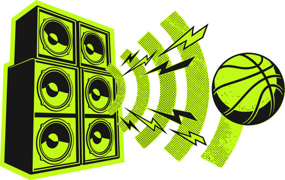 Retro street art speaker stack and flying basketball vector, urban music and sports event illustration, neon green grunge graphic clipart