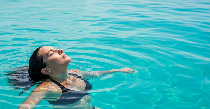 Woman floating on her back in clear blue water, eyes closed, serene expression, representing relaxation, summer, and escapism
