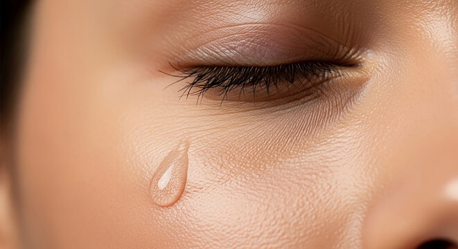 Extreme close-up of a closed eye with a tear rolling down, showcasing skin texture and emotion, symbolizing sadness, grief, or empathy, relevant for mental health themes