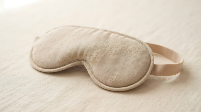 Natural Beige Linen Sleep Mask on Soft Textile Background.
