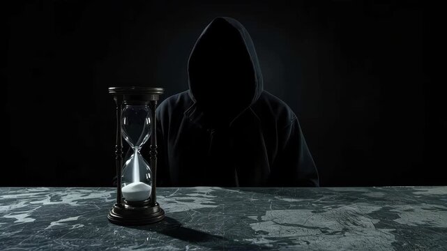 Hooded Figure and Hourglass on Dark Table Mystery, Silhouette, Mortality