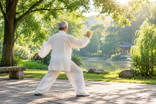 Senior man practicing tai chi in park morning