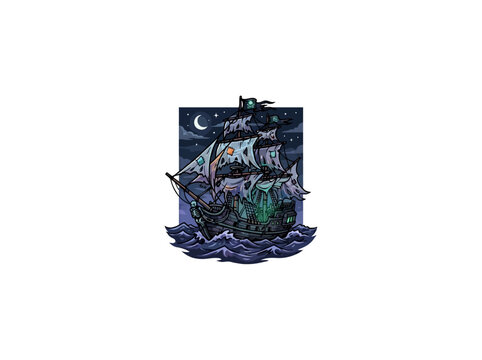 Haunted Sailing Ship With Tattered Sails, Skull Figure, Moonlit Sky, And Ocean Waves Vector Illustration