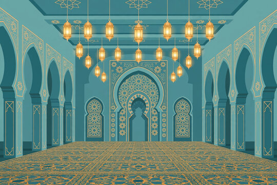 Empty mosque interior with arches and hanging lanterns illustration