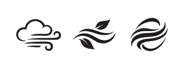 Fototapeta premium Three Minimalist Wind Symbols and Airflow Icons in Black