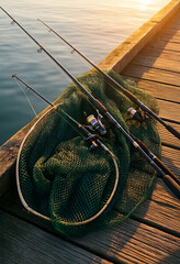 Fototapeta premium Leisure fishing and outdoor recreation, fishing rods and landing net on a wooden pier at sunset for travel and hobby lifestyle photography