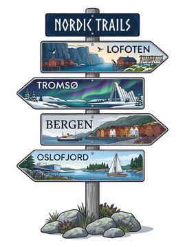 Wooden Directional Signpost Illustration with Nordic Trails and Norwegian Travel Destinations