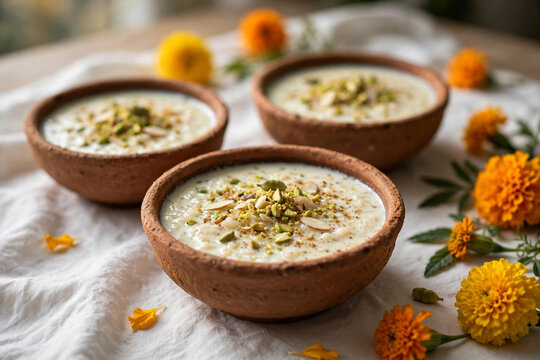 Creamy rice kheer in clay bowls with pistachios and cardamom