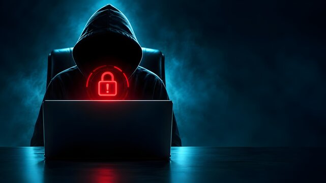 Hooded cybercriminal facing a glowing red padlock alert on a laptop representing ransomware attack and blocked digital access