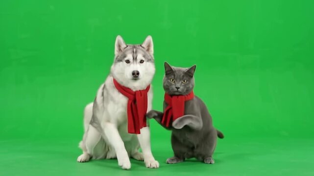 Cute Pets Celebrating Christmas Winter Holiday on Green Screen