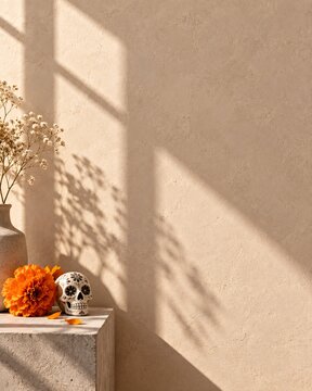 Day of the dead sugar skull next to orange flower on pedestal with soft sunlight and leaf shadows
