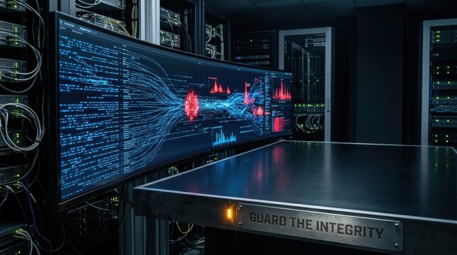 Cinematic wide shot of a futuristic server room monitoring cyber threats on a large curved screen with digital data streams and a metal plaque inscribed Guard the Integrity.