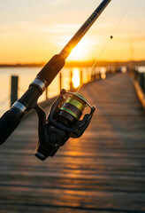 Fototapeta premium Fishing leisure and outdoor recreation, spinning rod and reel held on a wooden pier at sunset for travel adventure and hobby lifestyle photography