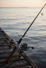 Fototapeta premium Leisure and recreation, fishing rod with spinning reel resting on a wooden pier at sunset for outdoor hobby and travel lifestyle vacation