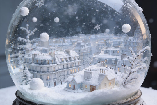 Magic Christmas Snow Globe Containing Miniature Snowy Parisian Haussmann Buildings and Winter Cityscape Close Up View