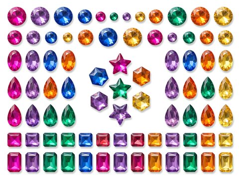 Colorful Faceted Gemstones Collection in Various Shapes Isolated on White