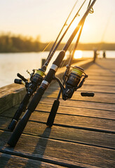 Fototapeta premium Fishing leisure and outdoor recreation, fishing rods with spinning reels standing on a wooden pier at sunset by the lake for hobby and travel lifestyle