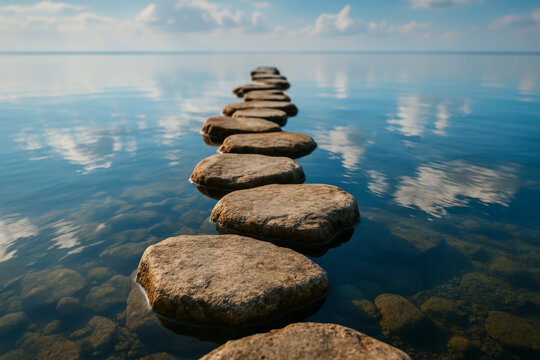 Stepping stones lead across still water toward distant horizon