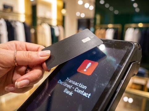Close Up Hand Holding Credit Card at Payment Terminal Error Screen
