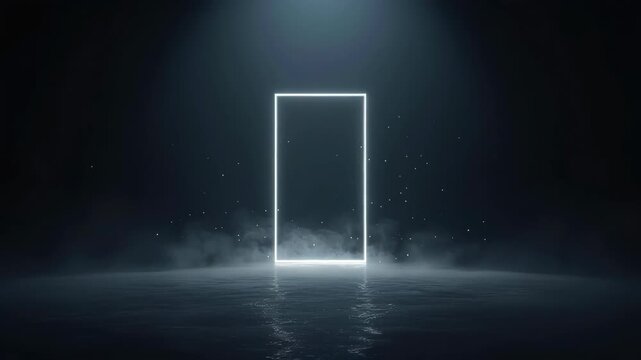 Glowing Rectangle Doorway Above Reflective Water in Dark Space with Mist Luminous Frame