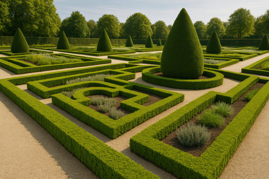 Formal garden arranges geometric hedges around sculpted cone topiary