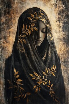 Fine art oil painting of a sorrowful woman in a dark shawl with gold branches. Perfect for dramatic theater poster design, historical museum exhibition flyer, or premium book publisher cover artwork