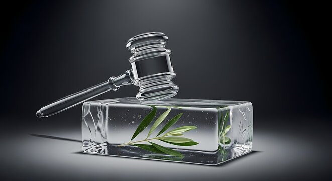 Crystal gavel resting on an ice block preserving a green olive branch in a sharp macro shot for international law and peace treaty marketing