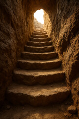 Fototapeta premium Ancient stone steps rise through a narrow rock tunnel