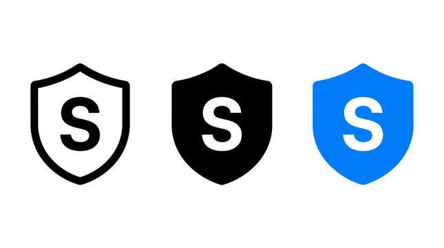 Three styles of security shield icons with letter