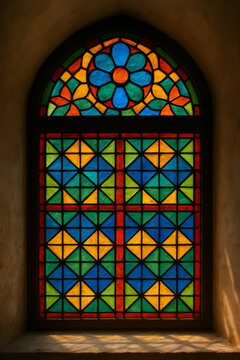 Colorful geometric stained glass window set in an arched recess