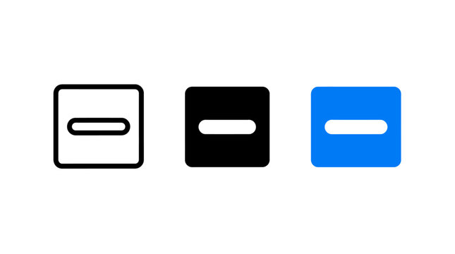 Set of minus remove icons in square outline solid blue