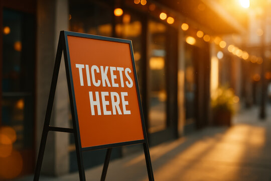 Orange tickets here sign on pavement outside sunlit storefront