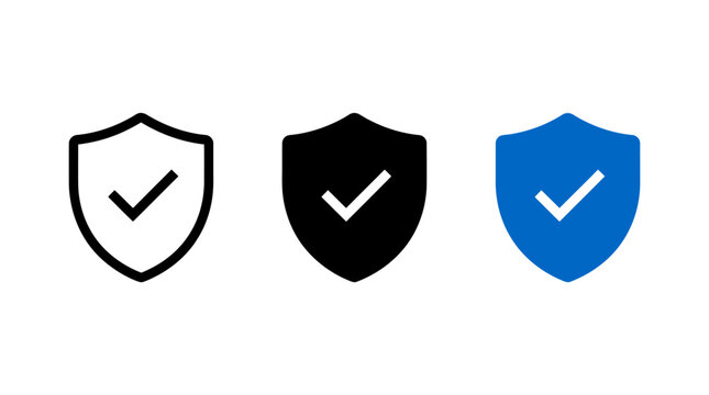 Set of shield icons with check mark in outline black and blue