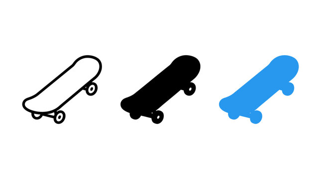 Three style variations of a skateboard icon with skateboard