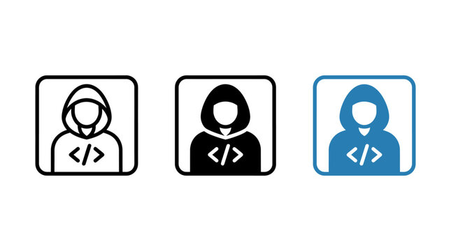 Set of developer icons showing person with coding symbols