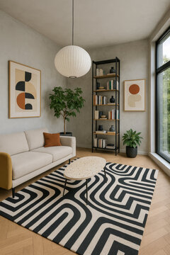 Compact living room with a bold black and white rug