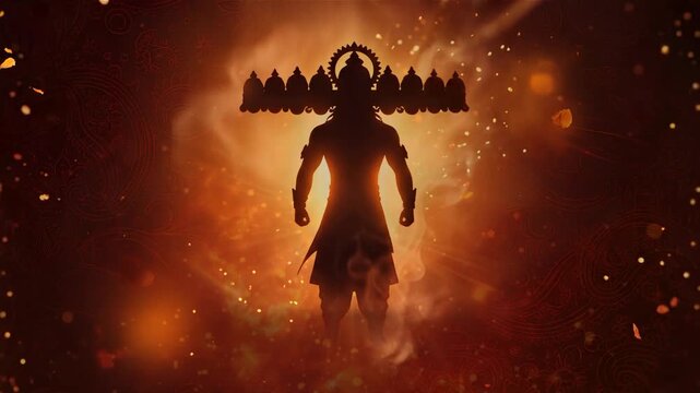 dussehra festival celebration background with burning ravana figure, ravana silhouette in fiery sparks for happy dussehra, diwali festival celebration background