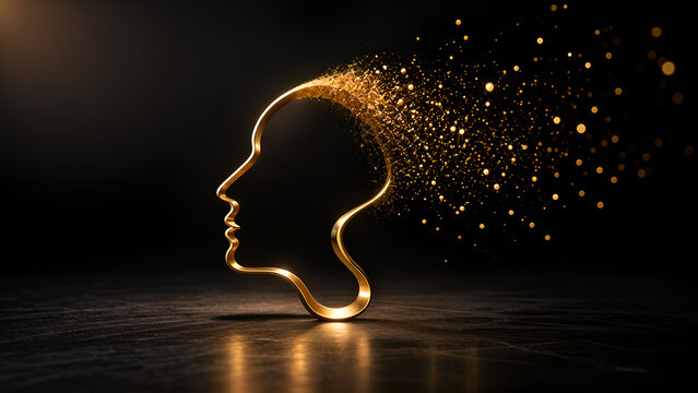Artistic abstract form depicting golden thought with a human profile dissolving into glowing particles