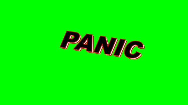 PANIC text violently shaking and flashing randomly across the screen with a severe chaotic strobe effect on a green screen, slightly reduced in size.