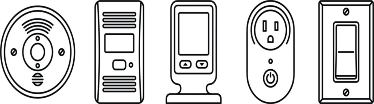 Smart Home Automation and Electrical Controls Icon Set Vector Line Art Featuring Motion Sensor Audio Intercom Digital Thermostat Smart Plug and Light Switch