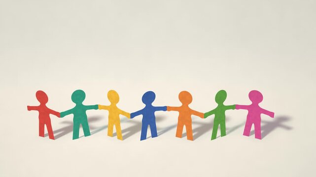 Colorful paper chain people unfold from a folded stack and hold hands, cut paper dolls with soft shadows on a light background, teamwork, copy space