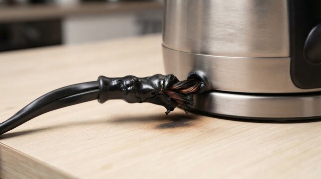 Damaged electric kettle power cord with exposed copper wires creating fire hazard