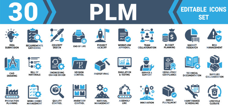 product lifecycle management plm icons for business strategy engineering and manufacturing workflow processes Minimal solid fill icon set collection. Editable Vector Mega pack