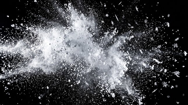 Dynamic snow powder cloud and dispersing winter dust on black background. Frozen ice particle burst overlay